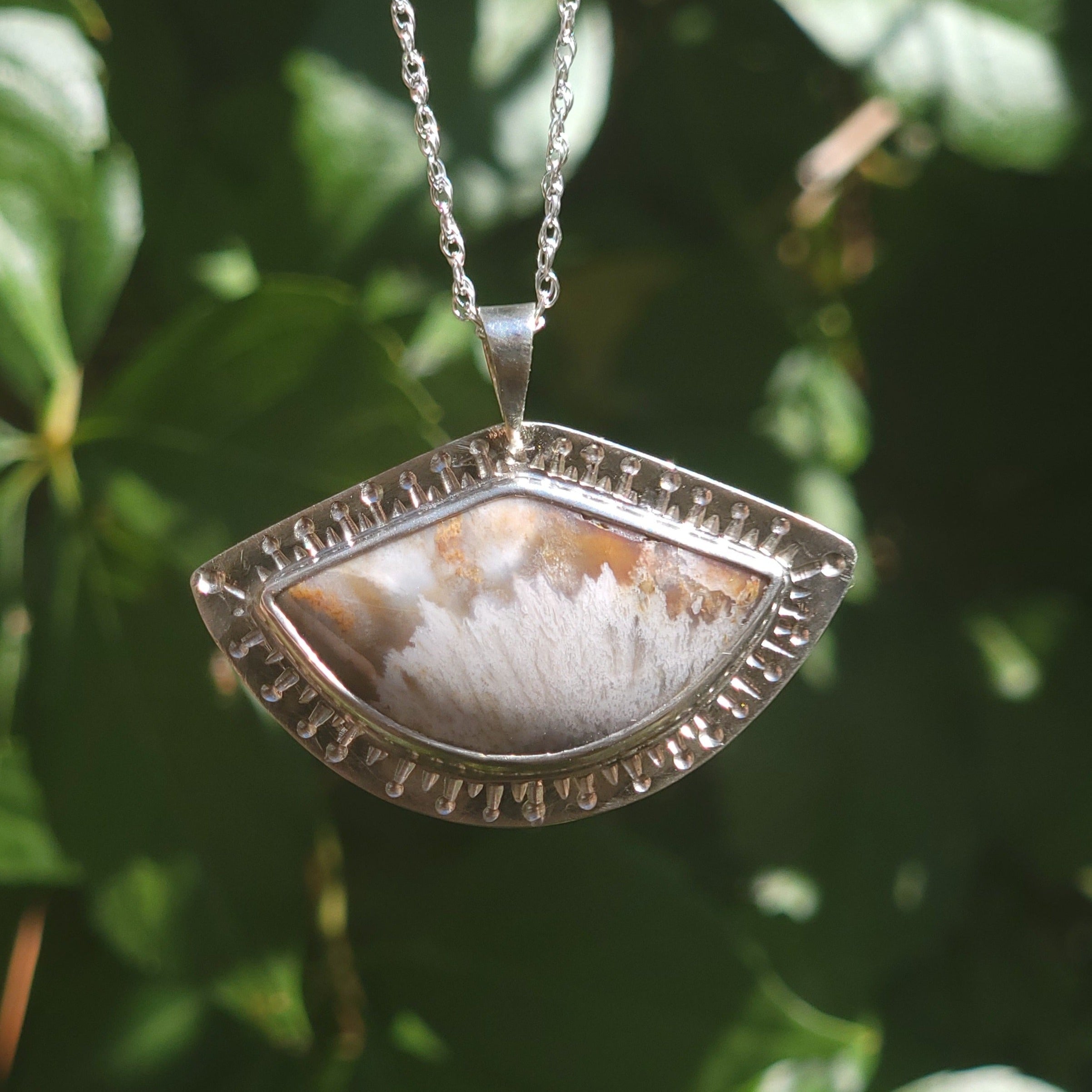 FREEFORM HANDMADE PENDANT..Plume Agate with Tiny Drusy in Center. Set in hotsell Sterling Silver 66.0 x 37.5 mm..Comes with Sterling Silver Chain